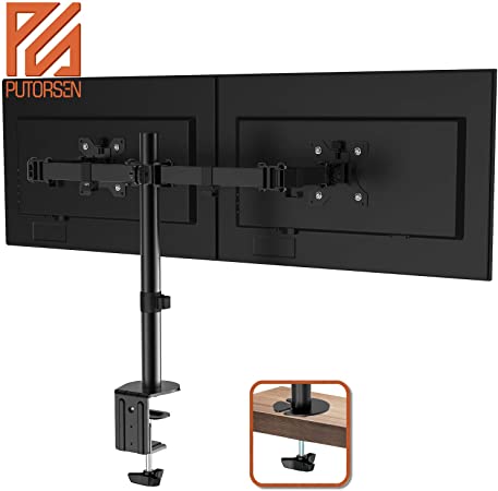 PUTORSEN® PC Dual Monitor Arm Stand Desk Mount Bracket with Height Adjustable Double Arm Desktop Clamp Mount for 13"-32" LCD LED Screens and Max VESA 100x100mm up to 8kg per Arm (Tilt Swivel Rotation)