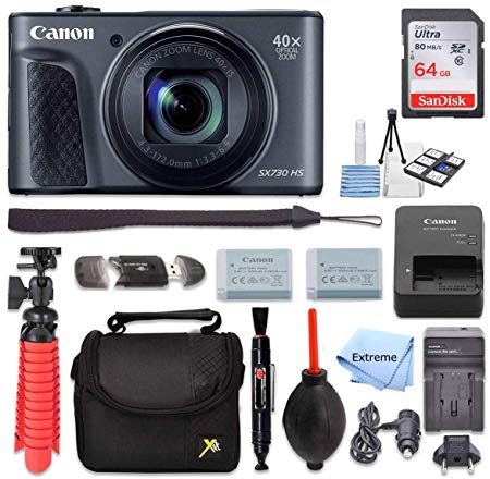 Canon PowerShot SX730 HS Digital Camera (Black)   64GB Memory Card   Point & Shoot Case   Flexible Tripod   USB Card Reader   Lens Cleaning Pen   Cleaning Kit   Full Accessory Bundle