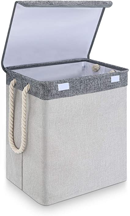 SAWAKE Laundry Hamper with Lid, Large Linen Collapsible Laundry Basket with Handles, Waterproof Lining Dirty Clothes Hamper for Bathroom Bedroom Organization Storage (Grey)