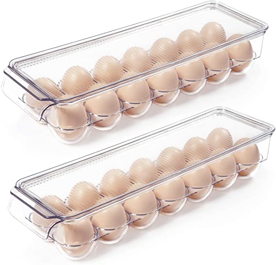 Vtopmart Egg Holder for Refrigerator 2 Pack, Plastic Egg Storage Container for Fridge, Clear Refrigerator Organizer Bins with Lids, Stackable Tray Holds 14 Eggs