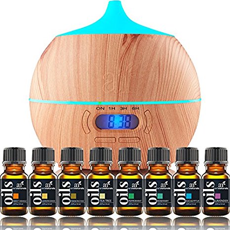 ArtNaturals Essential Oils and Diffuser Set - 400ml Bluetooth Oil Essential Oil Diffuser & Top 8 Essential Oil Set 10ml – Therapeutic Grade, Pure, Highest Quality Peppermint, Lavender, Tea Tree & More