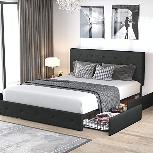 Allewie Queen Platform Bed Frame with 4 Drawers and Headboard/Diamond Stitched Button Tufted Upholstered Mattress Foundation with Storage, Dark Grey