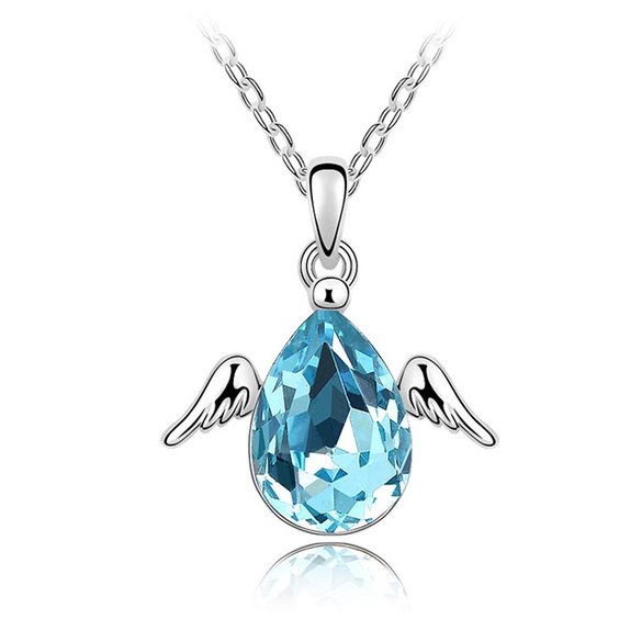 "Cute Angelet" Austrian Crystal Pendant Necklace with Angel Wings Eco-friendly White Gold Plated