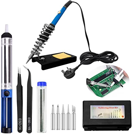 Randalfy Soldering Iron Kit Electronics, 60W 220V Adjustable Temperature Welding Tools, 5Pcs Soldering Tips, 2Pcs Tweezers, Desoldering Pump, Soldering Iron Stand for Welding, Electronic Work, Crafts