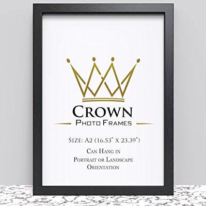 Crown Black Photo Frame for A2 42 x 59.4 cm (16.53x23.39 Inches) Picture Photo Poster Certificate, Hang on wall in both Landscape and Portrait