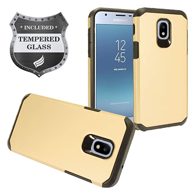 Samsung Galaxy J3 (2018), J3 Achieve, J3 Star, J3 Orbit, Sol 3, Express Prime 3, Amp Prime 3, J3 V J3V 3rd Gen J337 - Rubberized Hybrid Hard Case   Tempered Glass Screen Protector - AH2 Gold