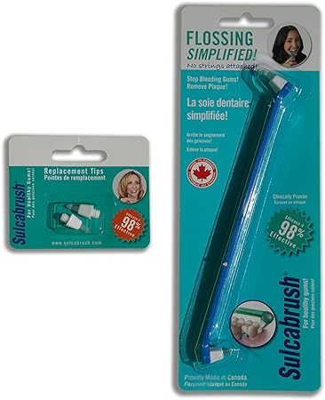 Sulcabrush Flosser Toothbrush with 2 Replacement Tips for Oral Hygiene Flossing Gum Health. Clean and Remove Plaque. Made in Canada