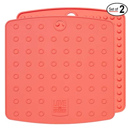Premium Silicone Trivet Mats/Hot Pads, Pot Holders, Spoon Rest, Jar Opener & Coasters - Our 5 in 1 Kitchen Tool is Heat Resistant to 442 °F, Thick & Flexible (7" x 7", Living Coral, 1 Pair)