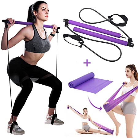 Portable Pilates Bar Kit with Resistance Band and Free Strength Bands Yoga Pilates Stick Muscle Toning Bar Home Gym Workout Exercise Bar with Foot Loop for Total Body Workout Stretch, Twisting