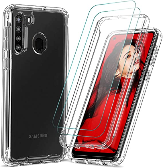 Samsung Galaxy A21 Case, Samsung A21 Case with Tempered Glass Screen Protector [2 Pack], LeYi 360 Full Body Shockproof Hard PC Soft TPU Hybrid Bumper Crystal Clear Protective Phone Case Cover for A21