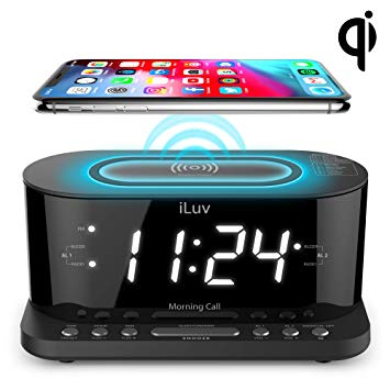 iLuv 1.2" Jumbo White LED Display Dual alarm Clock with Qi Certified Wireless Charging, FM Radio, 10 Preset, Sleep Timer, Snooze Button, Dimmer, USB Charging Port and AC Power
