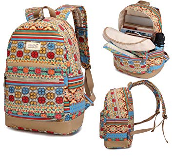 Kinmac Bohemian Canvas Small size Laptop Backpack with Massage Cushion Straps for 11 Inch 12 Inch 13 Inch Laptop Tavel Backpack Backpack Outdoor Backpack for teenagers girls women