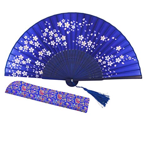 Amajiji 8.27"(21cm) Hand Held Bamboo Silk Folding Fan Hand Fan,Chinese/Japanese Charming Elegant Vintage Retro Style,Women Ladys Girls Best Gifts (Blue)