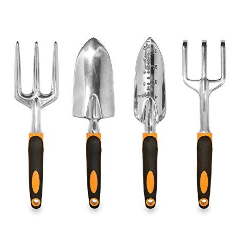 GardenHOME Ergonomic Garden Gardening Tool 4 Piece Set - Contains Trowel, Cultivator, Transplanter and Fork - THE BEST QUALITY GARDEN TOOLS