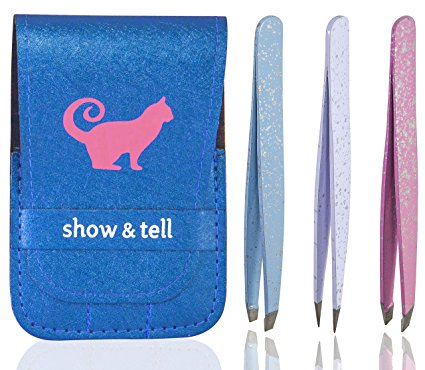 Tweezers Set of 3 Stainless Steel With Leatherette Case (Frosted Glitter Series: Blue Flat, White Pointed and Pink Slant Tip) Best for Eyebrow / Ingrown Hair - Precision Tweezer Kit