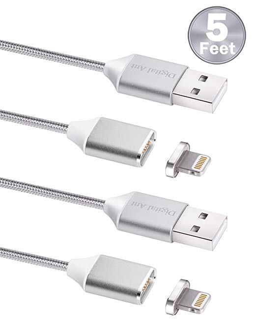 Digital Ant Gen3 Nylon Braided Super Magnetic Charging and Data Transfer Cable for i-Product. Magnetic Charging Cable or Magnetic Charging Cord for iPhone and iPad. (5 Feet-Silver-Twin Pack)