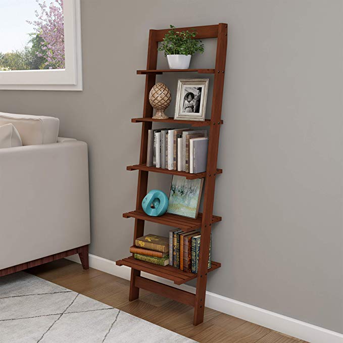 Lavish Home 5-Tier Ladder Bookshelf- Leaning Decorative Shelves for Display, Walnut