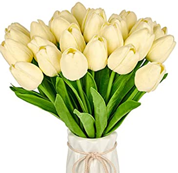 Tulips Artificial Flowers, 30pcs Fake Latex Tulips for Wedding Party Home Room Office Decoration (White)