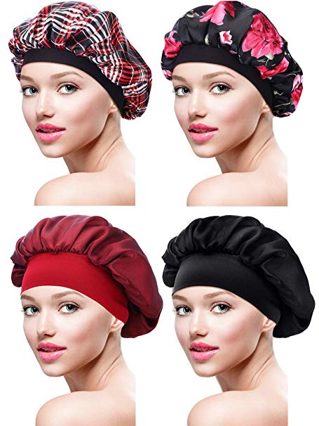 4 Pieces Satin Bonnet Sleeping Cap Soft Night Bonnet Head Cover for Women Girls