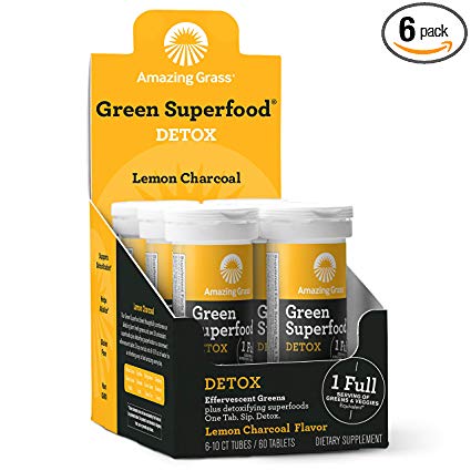 Amazing Grass Green Superfood Detox: Effervescent Detoxifying Drink Tablets, Antioxidants for full body recovery plus One serving of Greens, Lemon Charcoal Flavor, 60 Servings