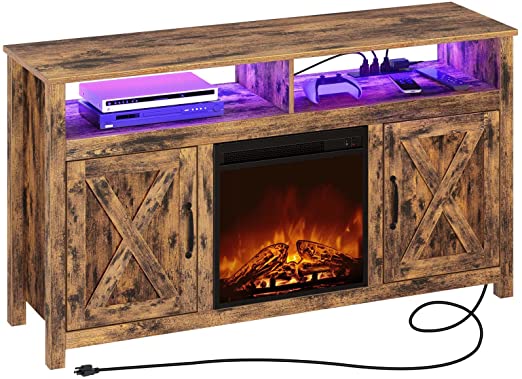 Rolanstar Fireplace TV Stand with LED Lights,55” TV Console Table with Power Outlet, Media Entertainment Center with Doors, Cabinets,Open Shelf, Console with RGB Strips for TV up to 60”, Rustic Brown