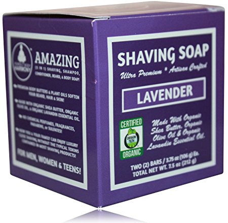 Organic Shaving Soap; Lavender; Unisex; Made W/Softening Butters & Oils; Org. Lavandin Essen. Oil; 5 in 1 (Shave Shampoo Cond. Body & Beard Soap)* Cert. Organic By Oregon Tilth; TWO 3.75 Ounce Bars