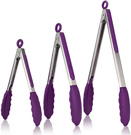 Kitchen Tongs, U-Taste 7/9/12 inches Cooking Tongs, with 600ºF High Heat-Resistant Non-Stick Silicone Tips&18/8 Stainless Steel Handle, for Food Grill, Salad, BBQ, Frying, Serving, Pack of 3(Purple)