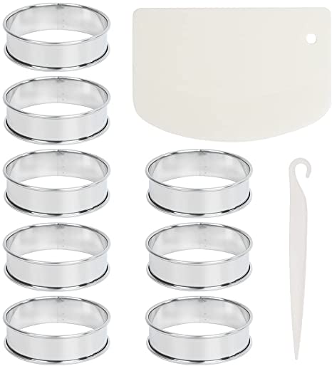 Set of 8 Stainless Steel Tart Rings, Double Rolled Tart Rings, 3.15" English Muffin Rings Professional Crumpet Rings Metal Round Ring with Scraper & Cake Stripping Knife for Home Food Making Tool
