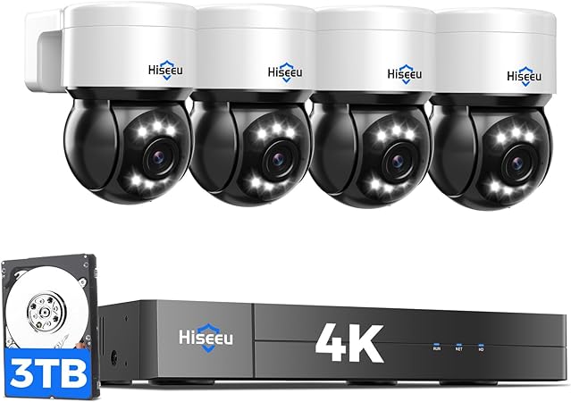 [4K HD   330°Pan 90°Tilt] Hiseeu 4K PoE Security Camera System, CCTV Camera Security System w/4Pcs PoE PTZ Dome Cameras, Human/Vehicle Detect,2-Way Audio,Home Surveillance NVR Kit, 3TB HDD,7/24 Record