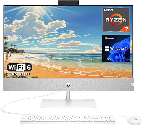 HP Pavilion All-in-One Desktop, 27" FHD Display, AMD Ryzen 7 5700U Processor, 16GB RAM, 1TB SSD, Micro-Edge, Anti-Glare, Wi-Fi 6, Webcam, HDMI, Wired Keyboard&Mouse, Windows 11 Home, White