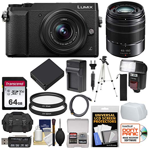 Panasonic Lumix DMC-GX85 4K Wi-Fi Digital Camera & 12-32mm & 45-150mm Lens (Black) with 64GB Card   Battery   Charger   Case   Tripod   Flash   Kit