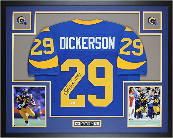 Eric Dickerson Autographed Blue Los Angeles Jersey - Beautifully Matted and Framed - Hand Signed By Dickerson and Certified Authentic by Beckett - Includes Certificate of Authenticity
