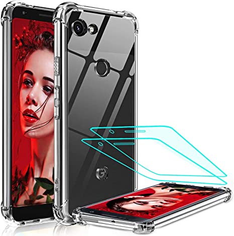 LeYi for Google Pixel 3a Case and 2 Tempered Glass Screen Protector,Crystal Clear Military Grade Protective Thin Shockproof Tough Silicone Hard Plastic Mobile Phone Cover for Google Pixel 3a