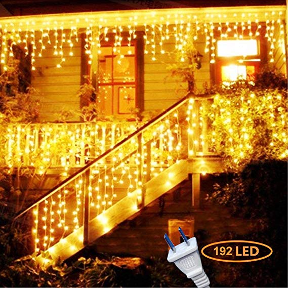 Hezbjiti 8 Modes LED Icicle Lights,36 Drops 18 FT 192 LED Fairy String Lights Plug in Extendable Curtain Light String Christmas Lights for Bedroom Patio Yard Garden Wedding Party (Warm White)