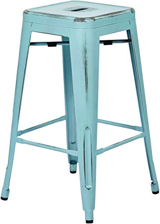 Office Star Bristow Antique Metal Barstool, 26-Inch, Antique Sky Blue, 2-Pack