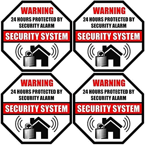 Printed on Adhesive Side, Outdoor/Indoor (4 Pack) 3.5" X 3.5" - 24 Hour Protected by Security Burglar Alarm System - Glass Window Door Caution Warning Sign Label Sticker Decal - Front Adhesive Vinyl