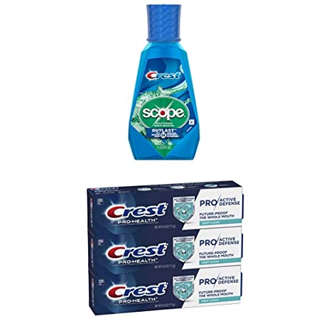 Crest Scope Outlast Mouthwash, Long Lasting Peppermint, 1 L and Crest Pro-Health Pro|Active Defense Deep Clean Toothpaste, 4.0 oz, Pack of 3