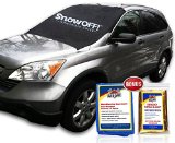 SnowOFF Car Windshield Snow Cover and Sun Shade Protector - New Contoured Shape w 8 Magnets Wings and Suction Cups Secure Automotive Hood Covers  Chamois Glass Cleaner  Rescue Blanket - SUV RV Truck