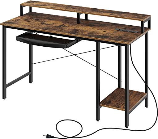 Rolanstar Computer Desk with Power Outlet and Keyboard Tray Monitor Stand 55", Home Office Writing Desk, Rustic Style Workstation Table with Storage Shelves,Stable Metal Frame, Rustic Brown