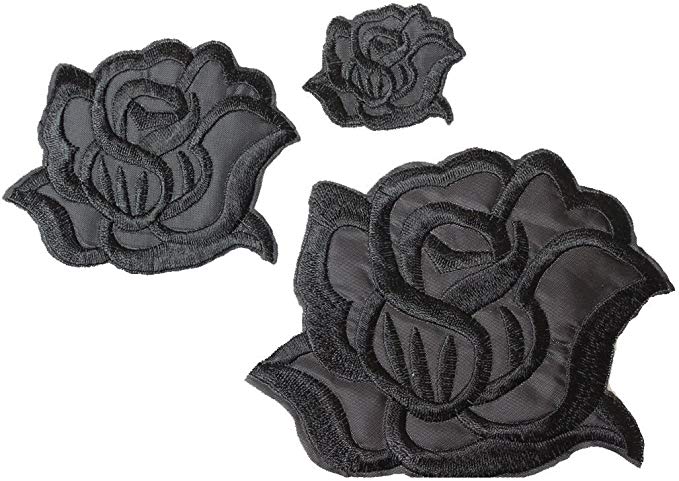 U-Sky Sew or Iron on Patches - Cool Black Rose Patch for Clothing Jackets - 3pcs Different Size Pack - 4.2x3.3 inch, 3.1x2.4 inch, 1.6x1.3inch