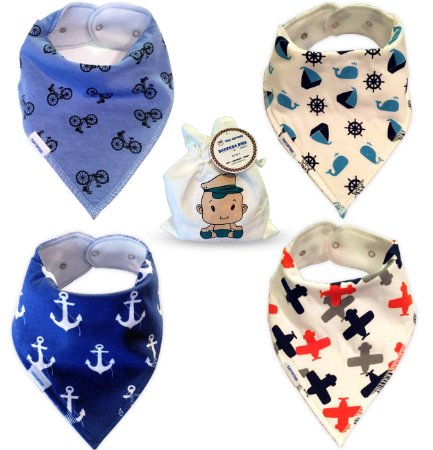 Baby Bandana Drool Bibs for Boys - Super Absorbent Cotton for Infants, Toddlers, and Babies - 2 Adjustable Snaps - Soft Fleece Backing, 4 Bib Set with Bag Best Modern Boy Shower Gift From Tiny Captain