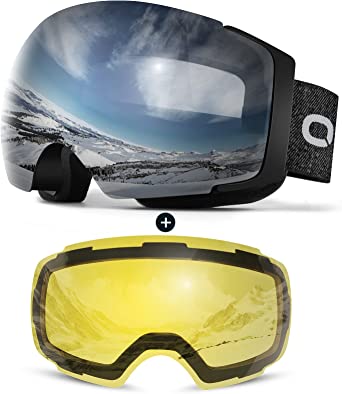 Odoland OTG Ski Goggles Set with Detachable Lens, Frameless Interchangeable Magnetic Lens for Skiing Skating Snowboard, Anti-Fog and UV400 Protection Snow Goggles for Men and Women