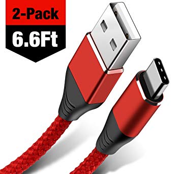 USB Type C Cable, Powerman (2-Pack 6.6Ft) USB A 2.0 to USB-C Fast Charger Nylon Braided USB C Cable for Smsung Galaxy S9 S8 Plus, Note 8, Google Pixel, LG G5, Nintendo Switch, Moto Z2, OnePlus (Red)