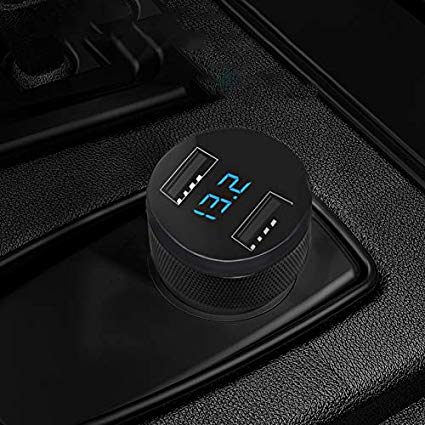 Car Charger, XINBAOHONG Fast Charge Metal Dual USB 4.8A Car Adapter LED Display Car Voltage Detector Flush Fit for X/8/7/6s/Plus iPad Pro/Air 2/Mini Galaxy S7/S6/Edge/Plus and More (Bright Black)