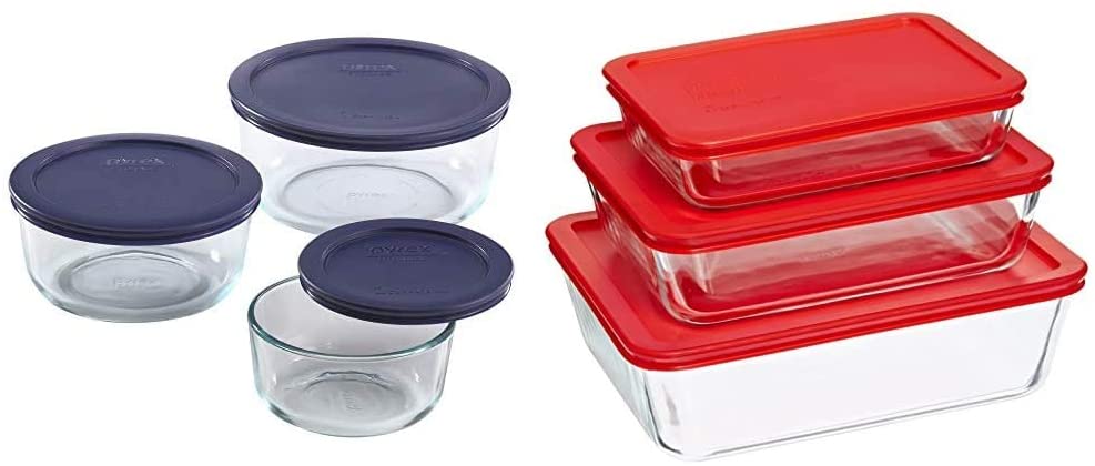 Pyrex Simply Store Meal Prep Glass Food Storage Containers (6-Piece Set, BPA Free Lids, Oven Safe) & Rectangular Food Storage, Red, (6 Pack)