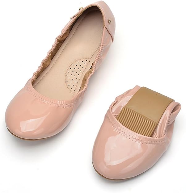 KUNWFNIX Women's Ballet Flats Faux Leather Dress Shoes Round Toe Slip On Ballerina Flats Foldable Portable Travel Ballet Flat Shoes