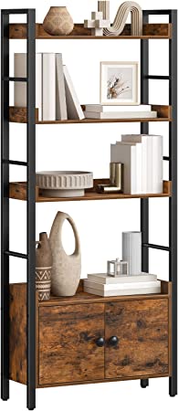 HOOBRO 4-Tier Bookshelf with Doors, Industrial Wooden Bookcase with Storage, Storage Shelf with Protective Rails, for Living Room, Home Office, Rustic Brown and Black BF46SJ01