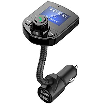 Bluetooth FM Transmitter for Car, Wireless FM Radio Transmitter Adapter Car Kit Dual USB Charging Port Car Charger with Hands Free Calls and 1.44” LCD Display Support Aux Input/Output TF Card USB Disk