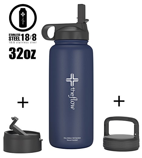 The Flow Stainless Steel Water Bottle, Double Walled/Vacuum Insulated - BPA/Toxin Free - Wide Mouth with Straw Lid