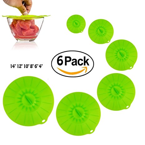 MOWO Silicone Suction Lids and Food Covers 100% Food Grade Silicone Skillet or Pan Lids, Microwave Covers, Bowl Covers, FDA Approved, Set of 6, Green
